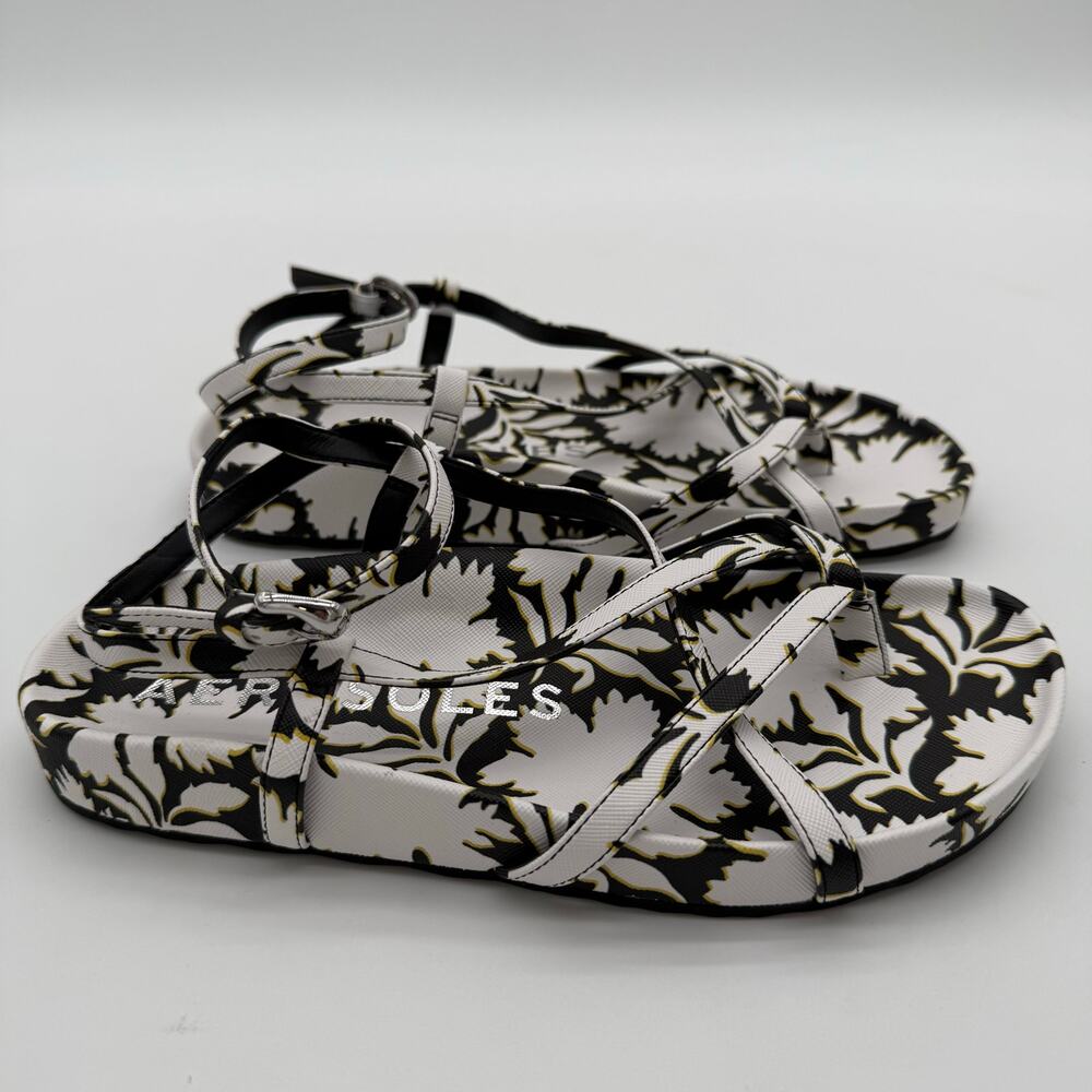 Aerosoles Comfort Footbed Sandals White/black Printed Floral Faux Leather NWOB 7